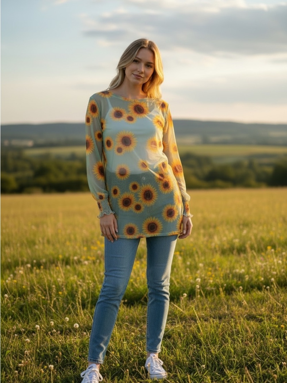 Origami New Mesh Sunflower Print Tunic Top in Sage Green